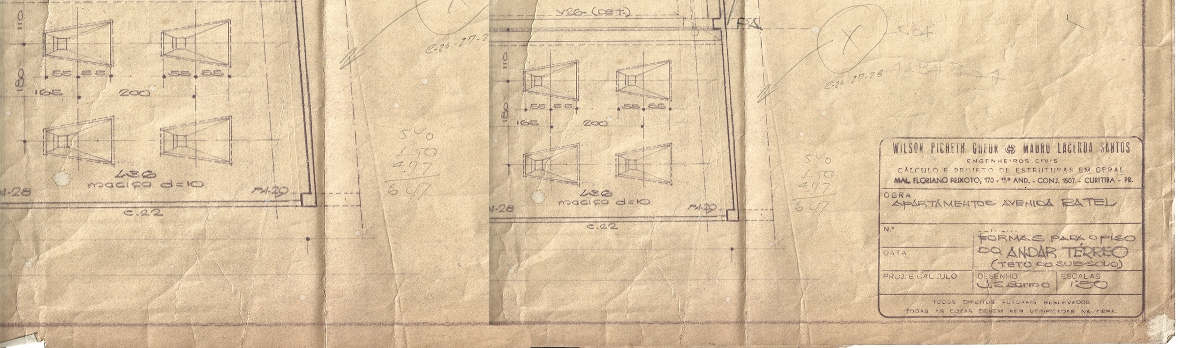 Desenho técnico de estrutura com carimbo original de 1967.