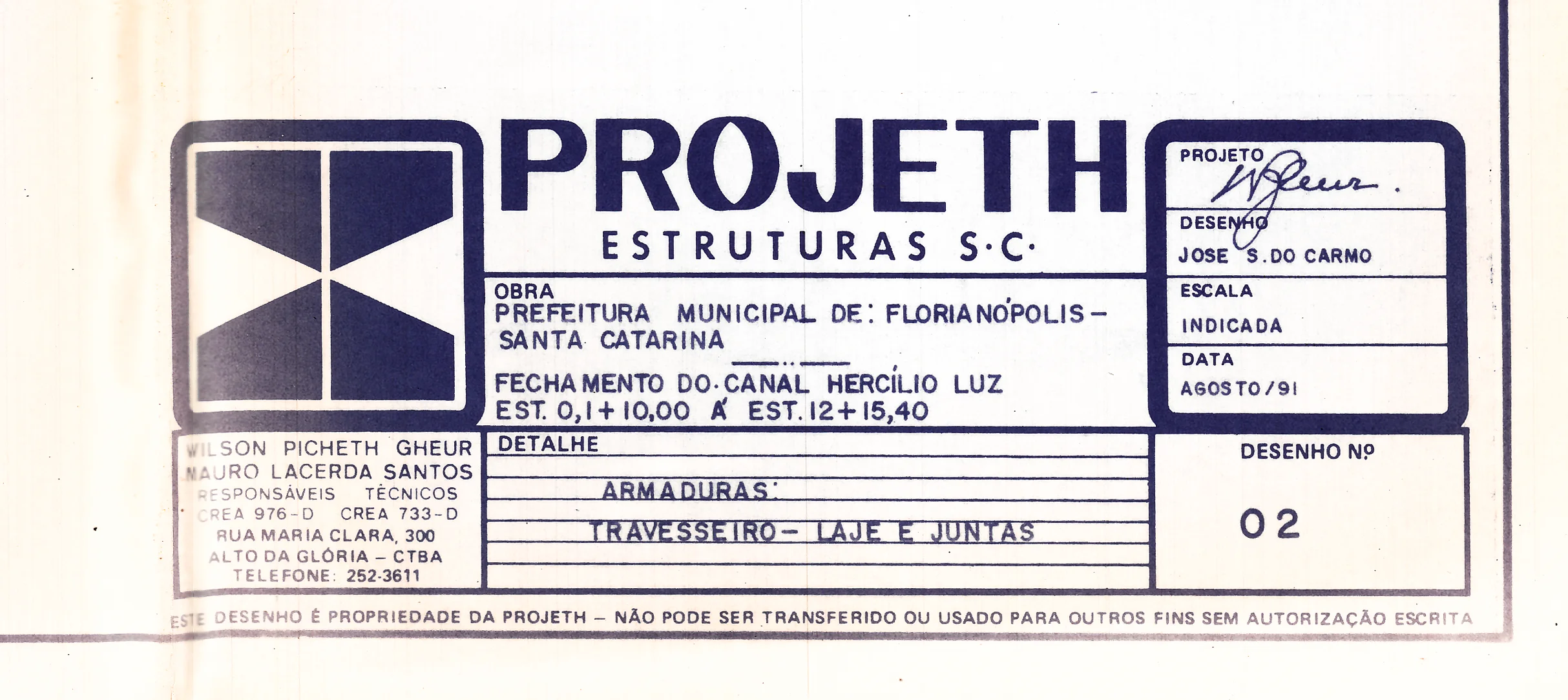 Carimbo da Projeth Estruturas em desenho técnico.