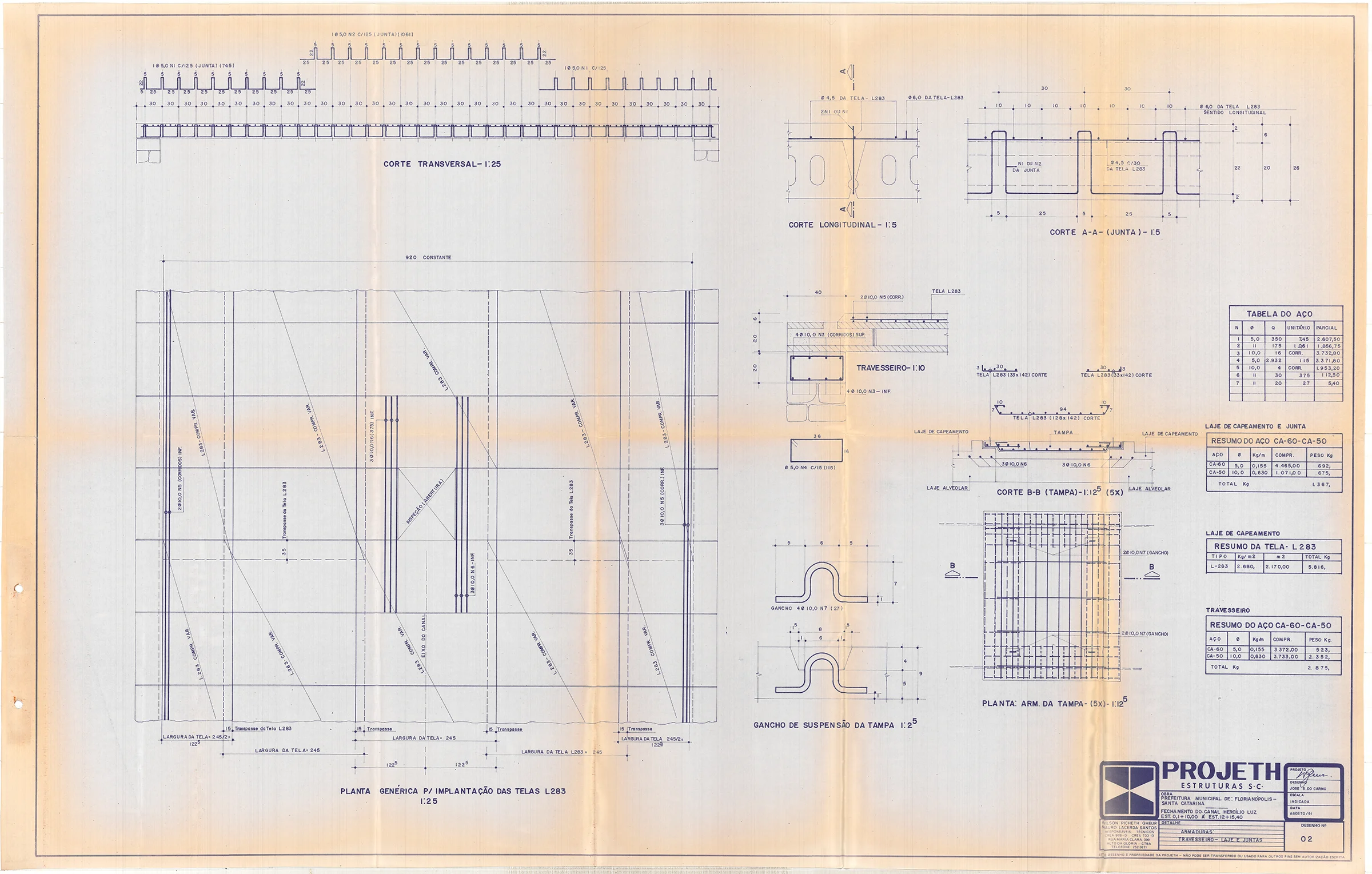 Desenho técnico digitalizado com carimbo da Projeth Estruturas.